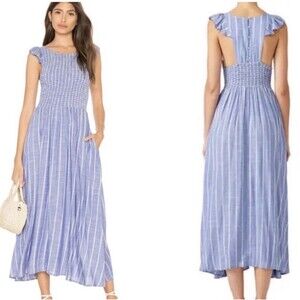 Free People XS Blue Striped Smocked Maxi Dress Ruffle Sleeve Open Back Boho